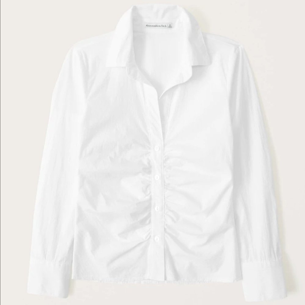 Long-Sleeve Button-Through Ruched Poplin Top - Abercrombie & Fitch